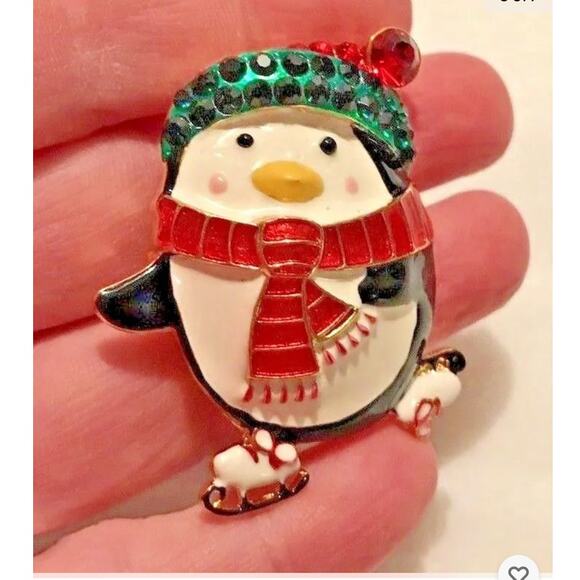 Whimsical Christmas brooch skating penguin pin or pendant  #2013FL rhinestones - Picture 7 of 7